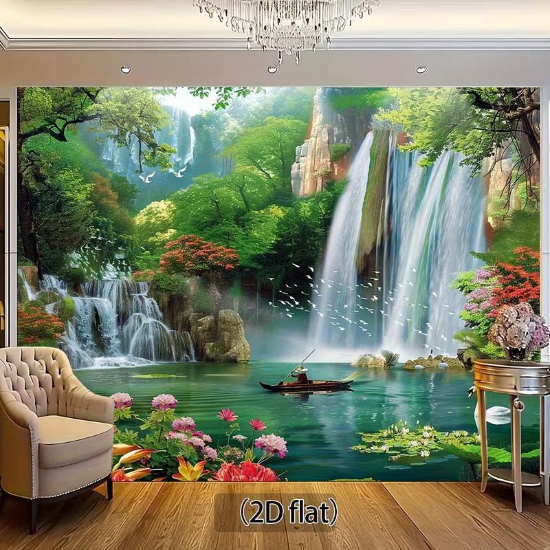 2D Idyllic Forest Waterfall Nature Wall Tapestry, Lake Swan Fishing Boat Flower Bird Bedroom Home Decor