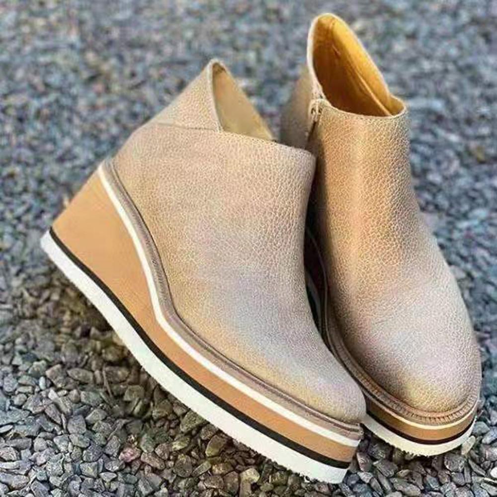 Large size wedge heel short boots women's autumn and winter new flat bottom side zipper shallow mouth bare boots