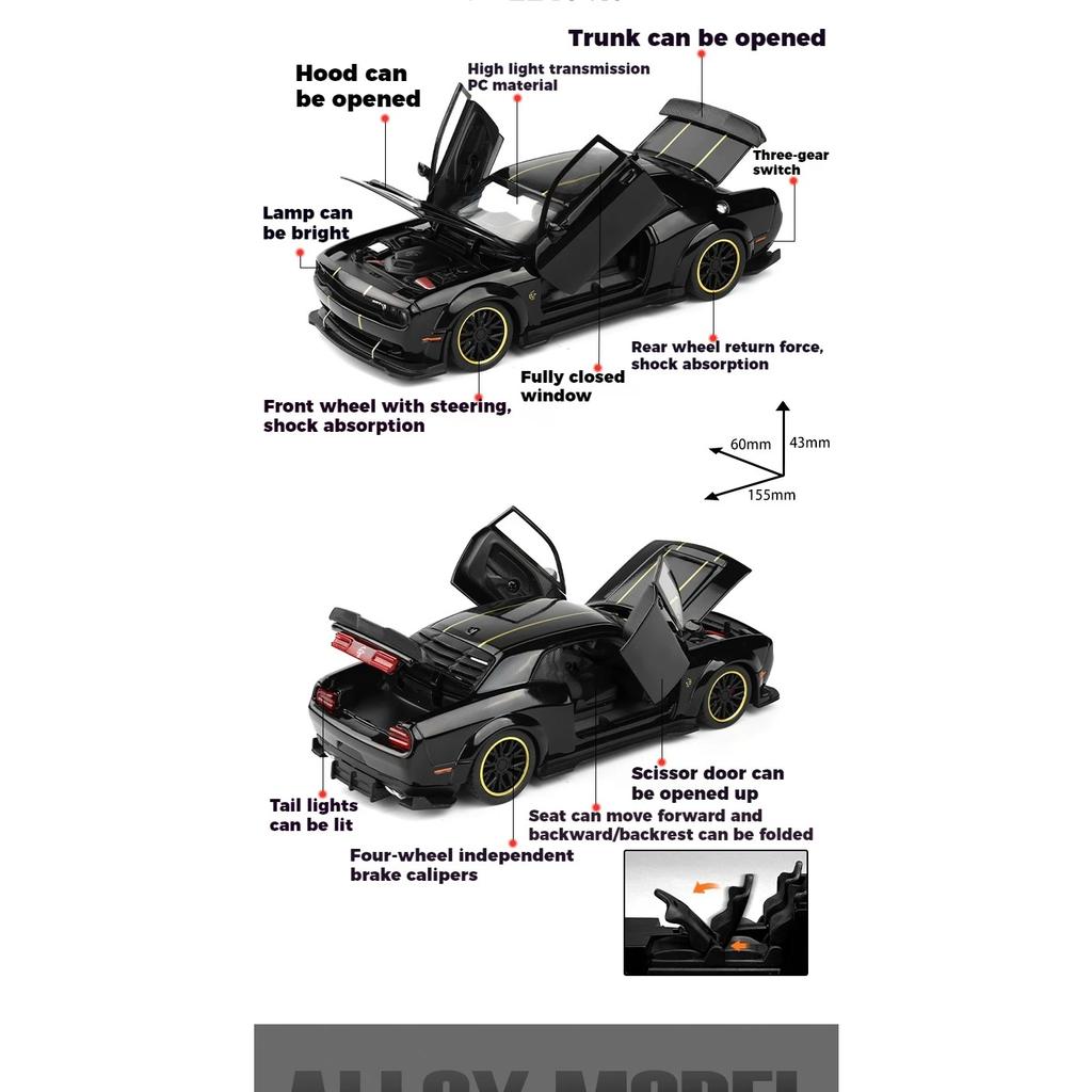 1/32 Dodge Challenger SRT Hellcat Redeye Super Samochód Sportowy Metalowy Odlew Diecast Model Samochodu Dźwięk i Światło Hobby Kolekcjonerski Urodziny