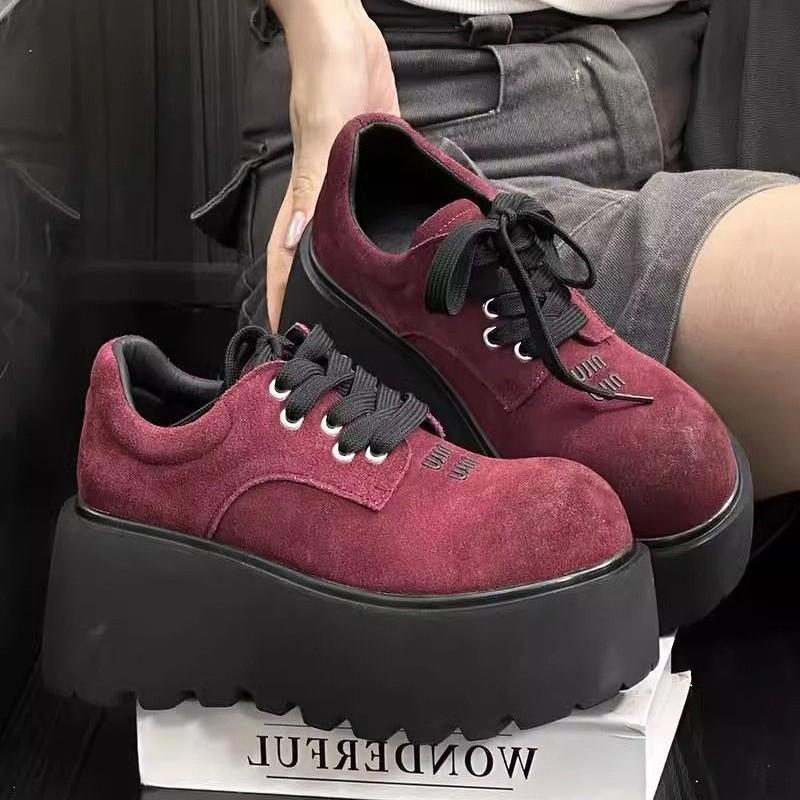 Fashion Frosted Cowhide Muffin Thick-soled Small Leather Shoes Women's Retro Polished Round Head Lace-up Small Height-enhancing Loafers