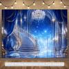 2D Flat Banner, Luxury Palace Backdrop, Crystal Chandelier, Spiral Staircase, Dreamy Blue Drapes