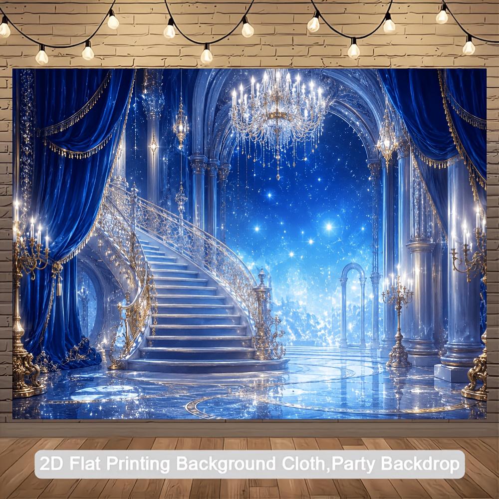 2D Flat Banner, Luxury Palace Backdrop, Crystal Chandelier, Spiral Staircase, Dreamy Blue Drapes