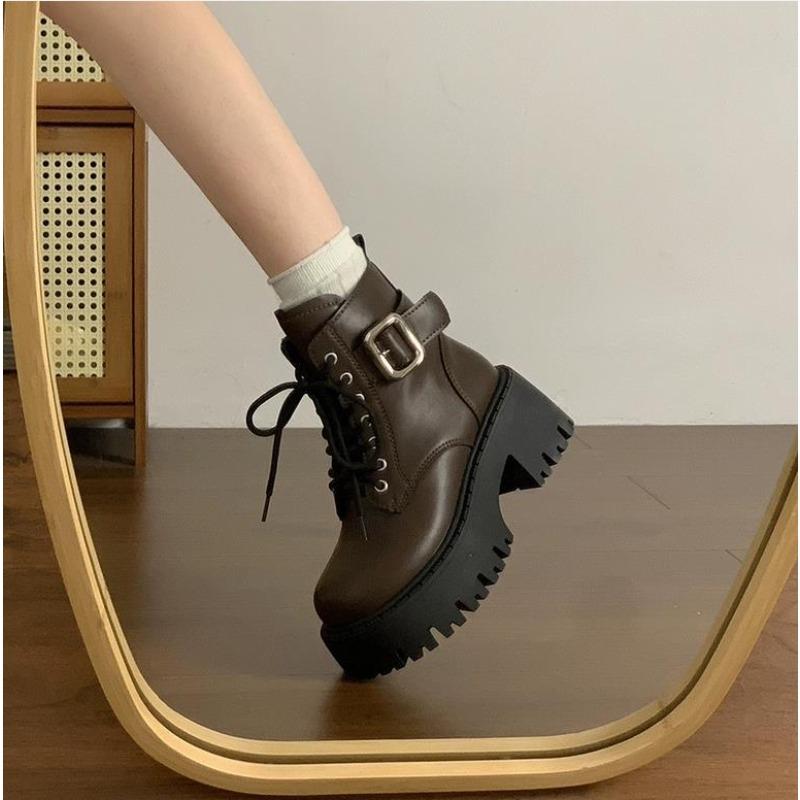 Fashion Women's High Heel Ankle Boots Round Head Square Heel Side Zip Women Boots Belt Buckle Spring Autumn Leisure Fashion Botines Shoe