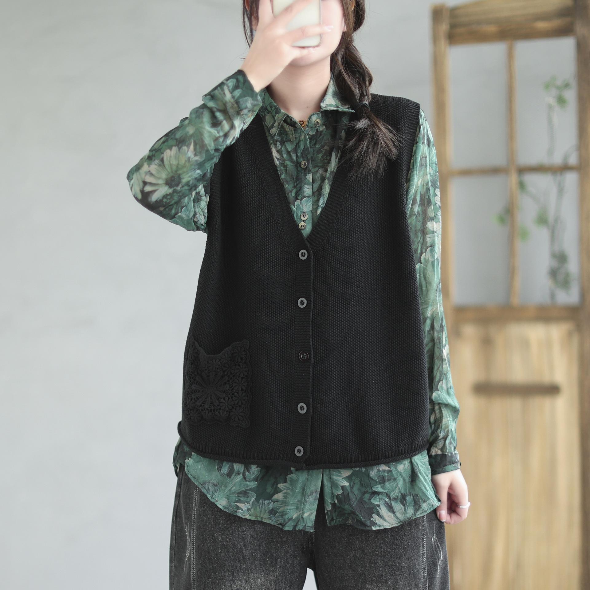 

Вязаный жилет, женский кардиган с v-образным вырезом, художественный свободный и универсальный однотонный жилет без рукавов с полым карманом One Size чёрный