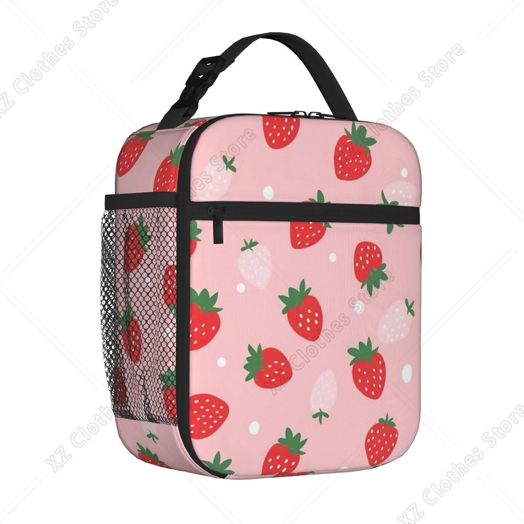 Pink Strawberry Cute Floral Tote Insulated Lunch Bag Cartoon Carry Food Bags Reusable Thermal Cooler For Work Washable Bento Box