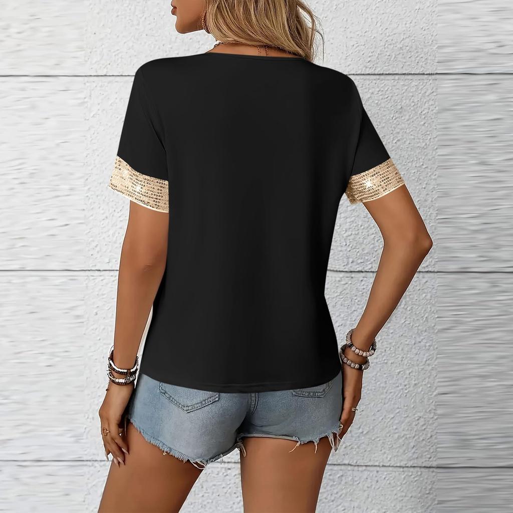 Women Loose Casual Blouse Sequins Patchwork Short Sleeve T-Shirt