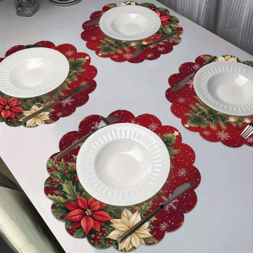 4pcs Coaster Christmas Table Placemat Snowman Elk Round Dining Mat Xmas Table Mat  Table Setting