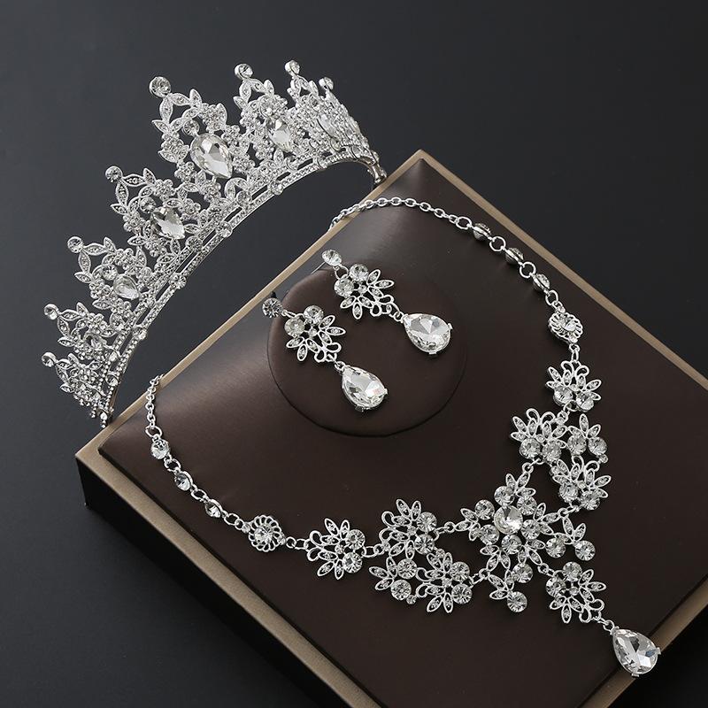 Brautkrone Legierung Strass Stirnband Hochzeit Geburtstag Krone Tiara Halskette Ohrringe Dreiteiliges Set Farbe