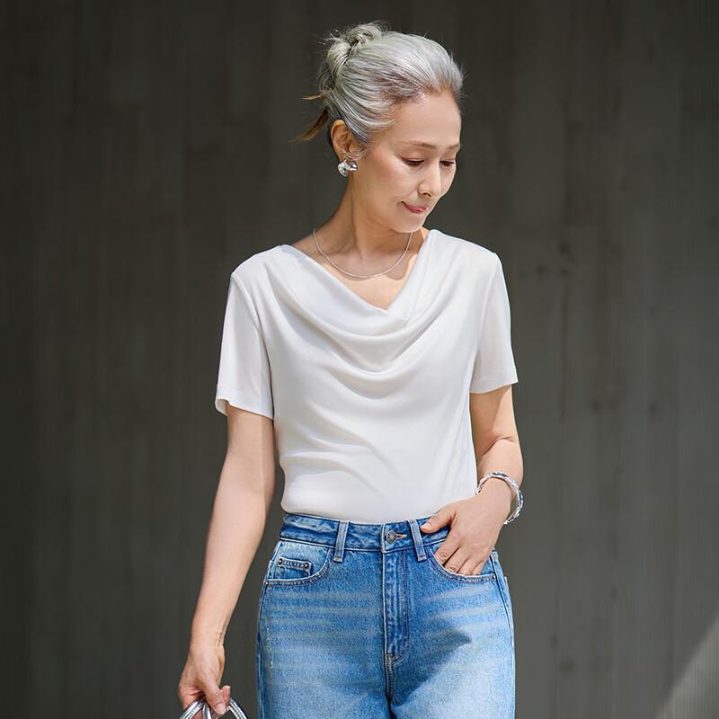 Muzi Triacetate Draped Neck Short Sleeve T-Shirt for Women