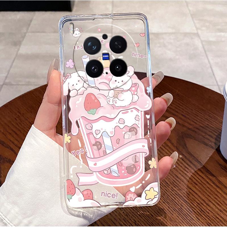 Green Fluffy Cartoon Rabbit Pattern Phone Case For Vivo X300 Pro Transparent TPU Soft Cover Shockproof Couple Protective Shell