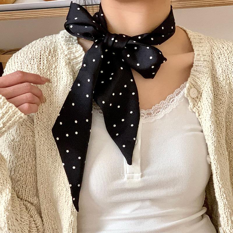 Silk scarf, long strip, high-end sense, retro polka dot neck tie, necktie, versatile streamer, headband, decorative belt.