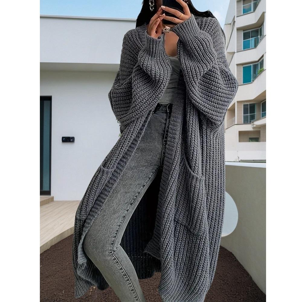 Dames Winter Herfst Trui Vesten Lange Mouw Maxi Gebreide Bovenkleding Jassen Zakken Jassen