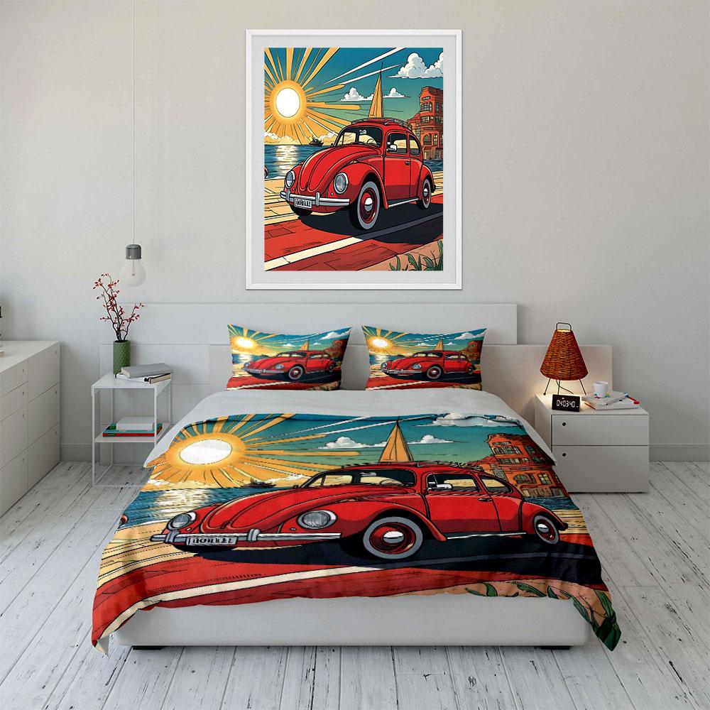 Vintage Car Summer Beach Set Exquisite Three-Piece Bedding Set Gift For Kids And Adults