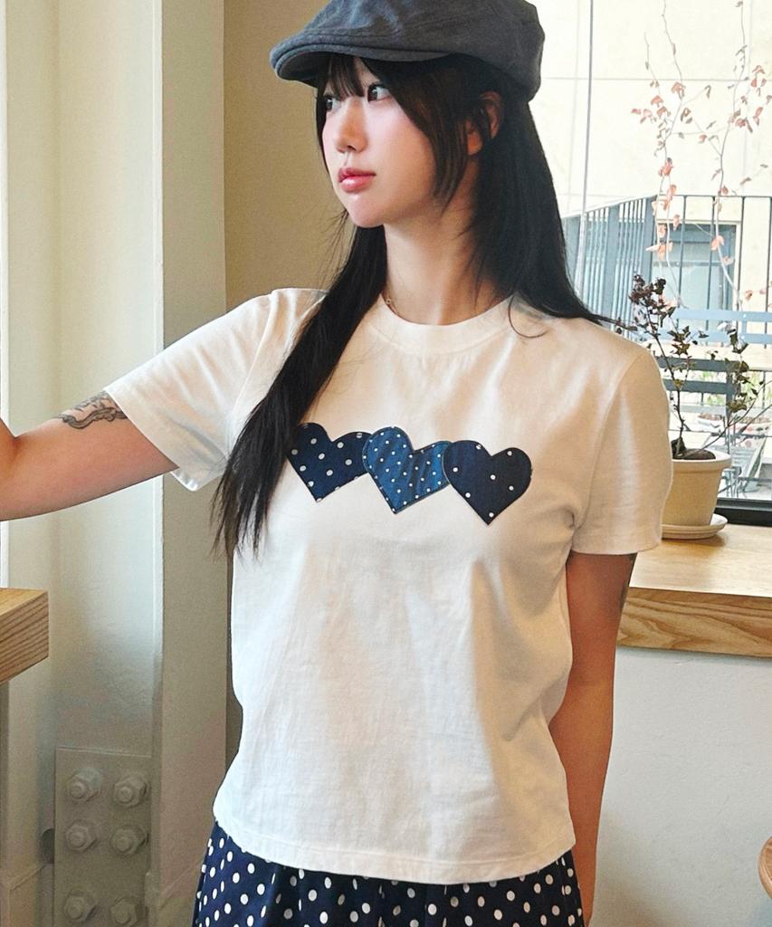Loginaenloji Denim Dot Heart Patch Cotton T-Shirt White