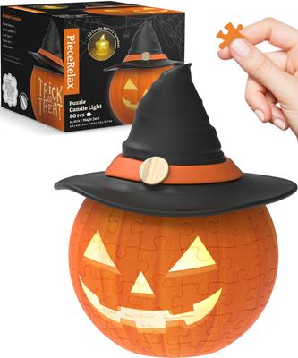 Quebra-cabeça de plástico 3D PieceRelax com 80 peças à luz de velas, troca de presentes, decoração para festa de Halloween [Magic Jack] (11X12X14cm) [KL1074]