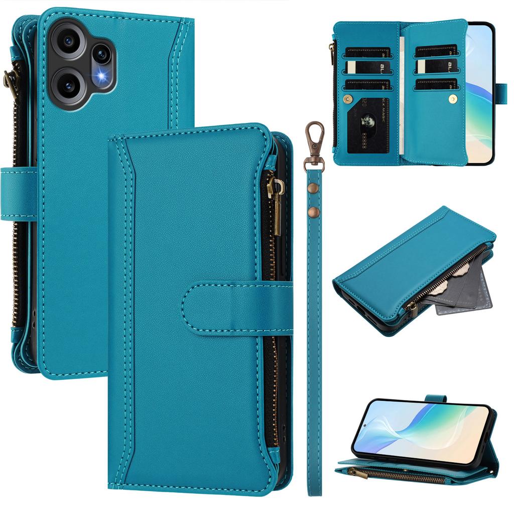 For Nothing CMF Phone 2 Pro Leather Case 9 Card Slots Zipper Wallet Stand Phone Cover with Wrist Strap