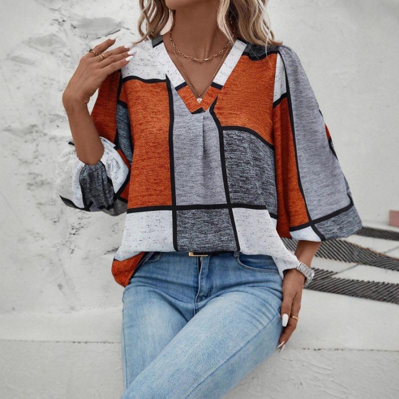 

Womens Geometric Print V Neck T Shirt With 9/10 Lantern Sleeves Casual Loose Fit Color Block Top S оранжевый
