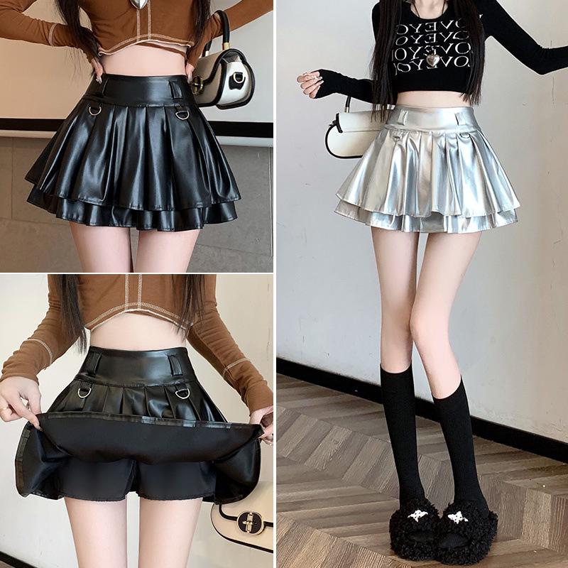 Women's High-Waist Silver Pleated A-Line Skirt with Built-In Shorts - Petite Fit, Leather, Autumn Style