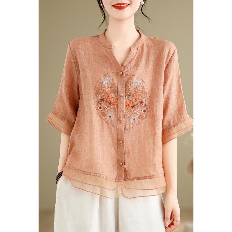 Retro Embroidered Organza Patchwork V-Neck Shirt for Women - Summer Mid-Sleeve Trendy Top