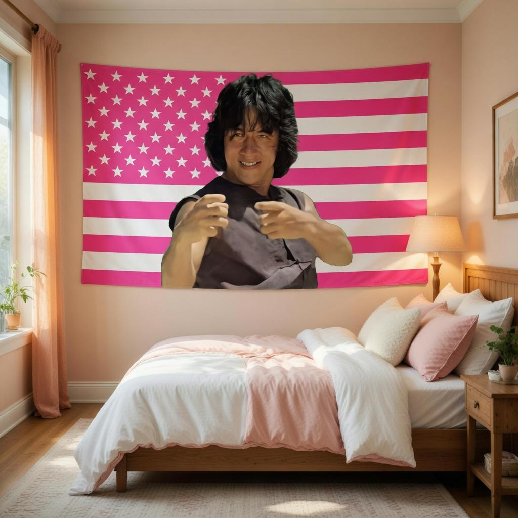 Funny Pink USA Flag Tapestry with Smiling Guy Pose Vibrant Aesthetic Wall Hanging Decor for Home