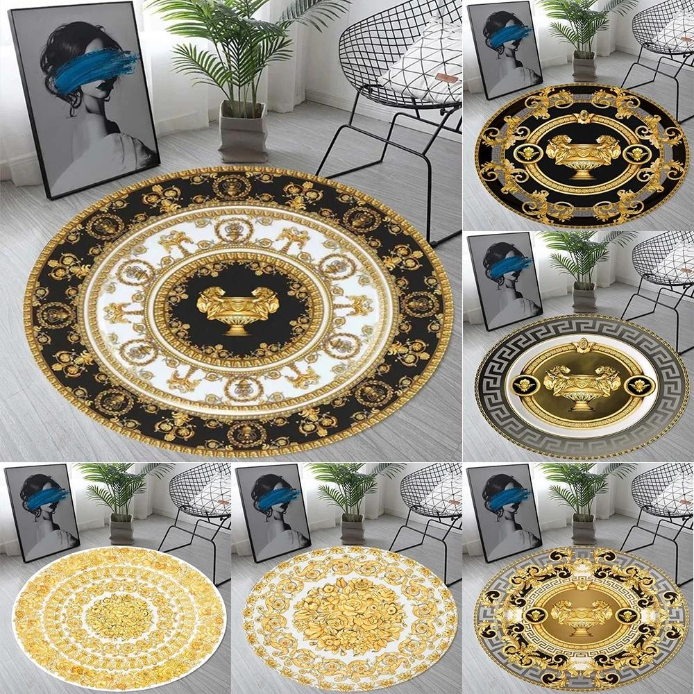 Nordic Retro Gold Printed Round Sponge Carpet Living Room Bedroom Mat Home Bathroom Non-slip Floor Mats Decoration