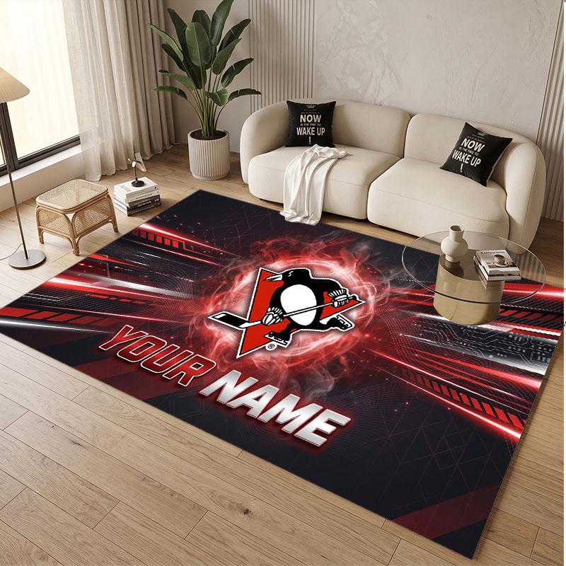 Custom Rug Pittsburgh Penguins Pattern Print Name Text Soft Non‑Slip Floor Carpet for Home Indoor Decoration