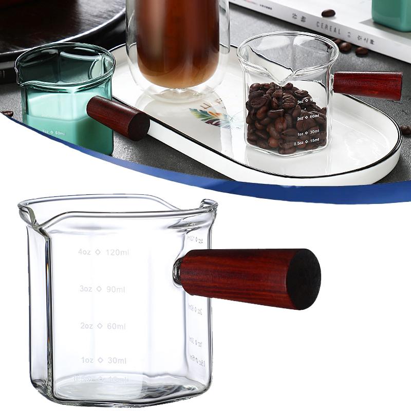 120ML Holzgriff Glas Espresso Messbecher Kaffee Extraktionstasse mit Skala Hochtemperaturbeständigkeit Milchkännchen Messbecher