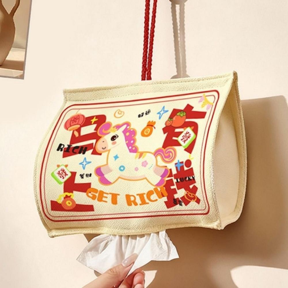 

New Year Wealth Prosperity Wall Mounted Tissue Box Hanging Canvas Tissue Bag Wet Wipes Case Removable Napkins Paper Holder