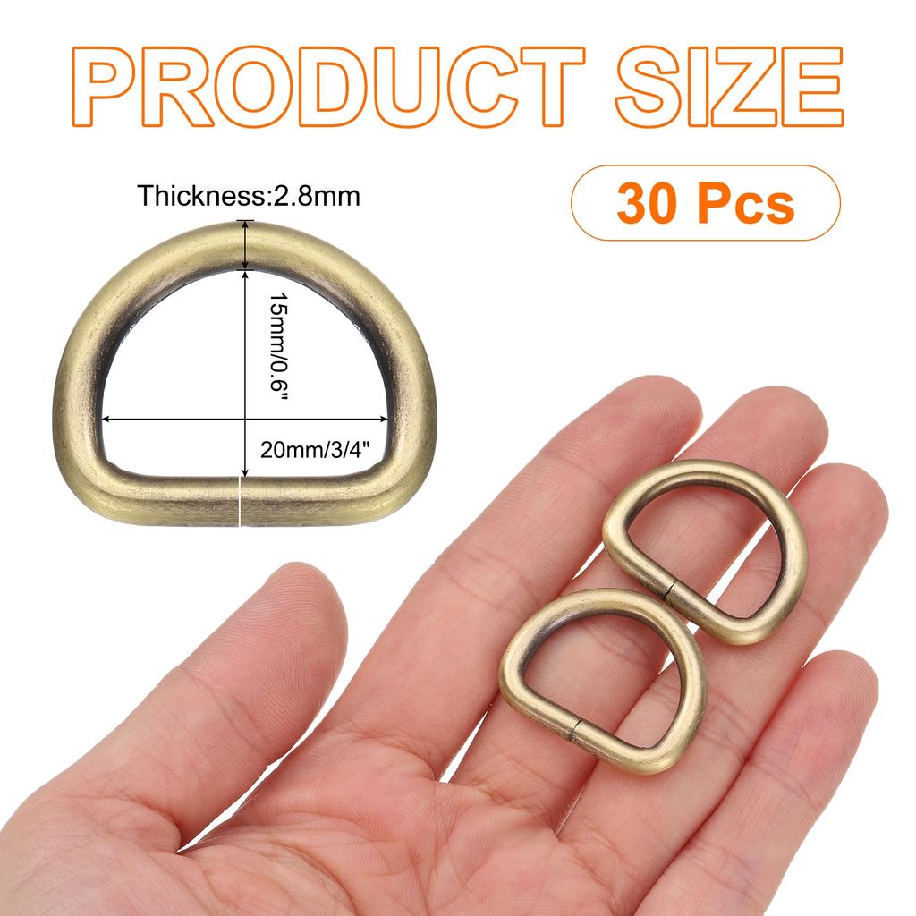 30pcs Metal D Rings Buckle Heavy Duty Opening D-Rings Clips Hooks for Crafts Bags Keyrings Straps DIY Accessories Light Bronze