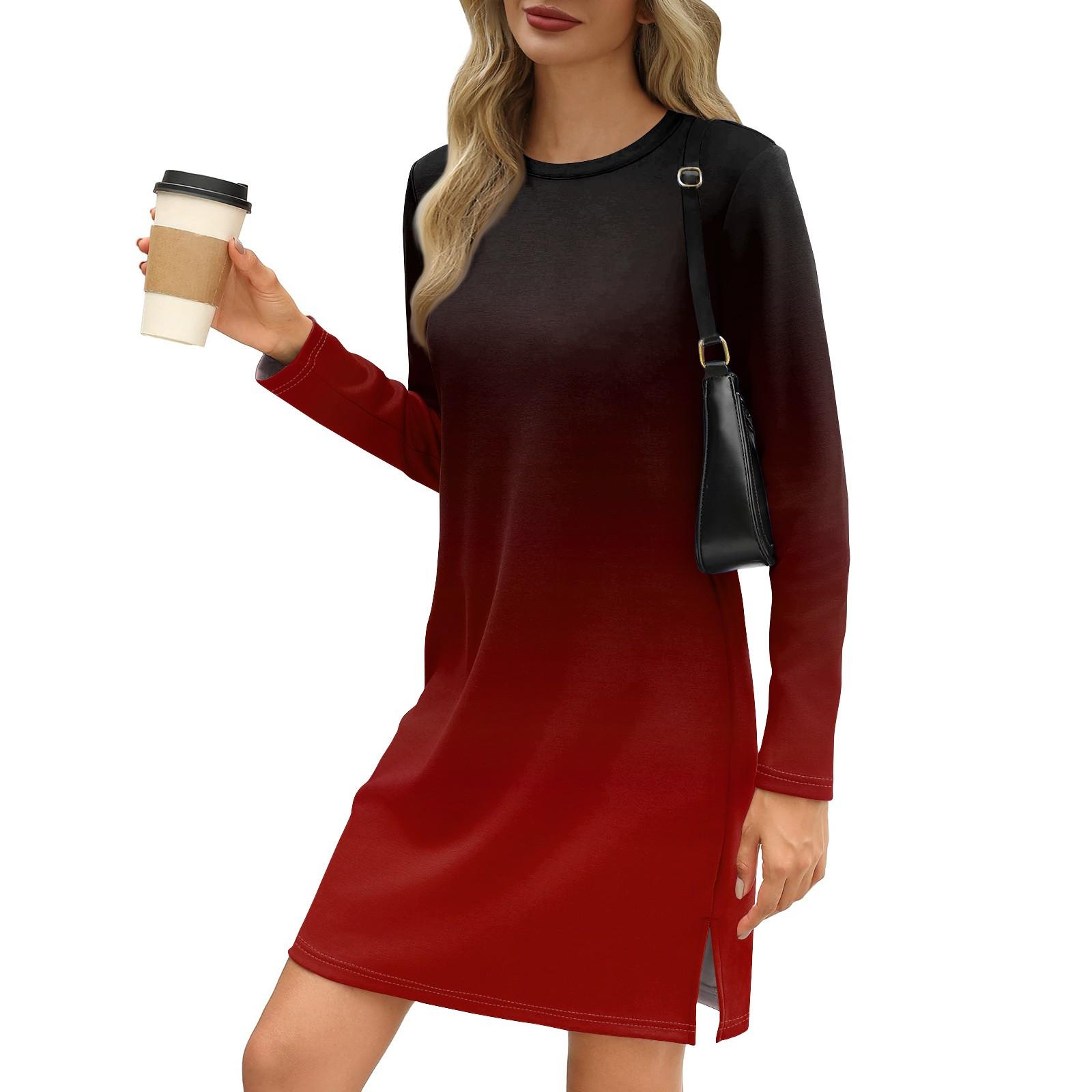 Женское модное повседневное платье с круглым вырезом и длинными рукавами и разрезом — фото 8