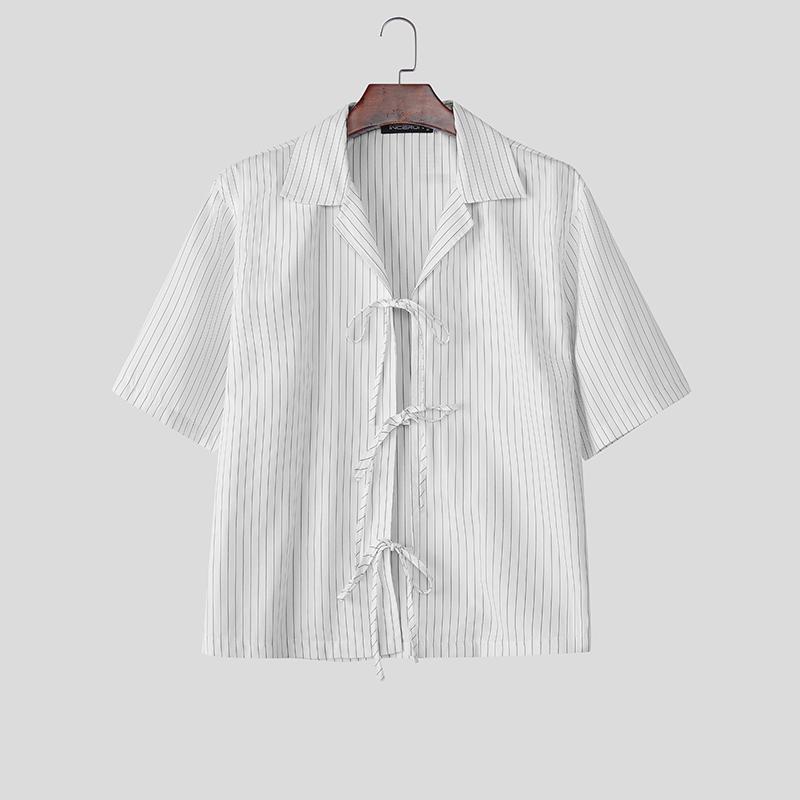 INCERUN Men Lapel Neck Short Sleeve Striped Lace-up Casual Loose Oversized Shirts