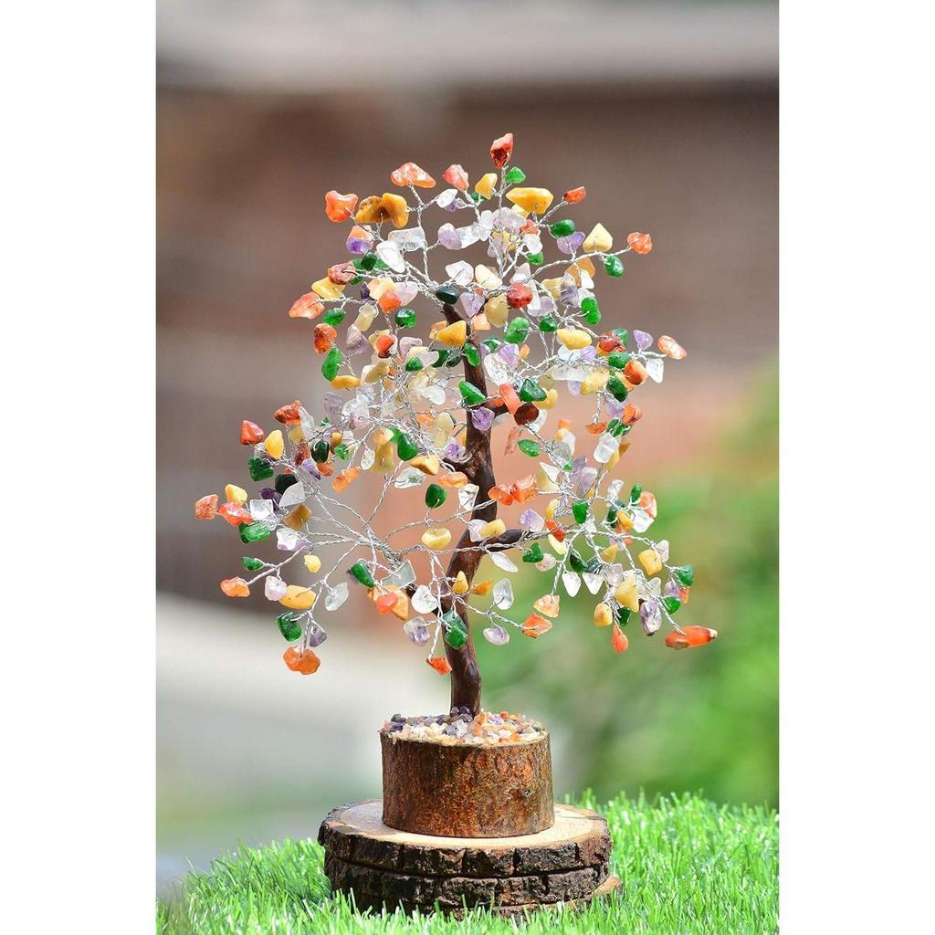 Crystals and Stones, Mix 7 Chakra Crystal Showpiece for Home Decor Decoration Bonsai Money Tree, Size 10-12 inches, Multicolor Silver Wire. 1 Piece