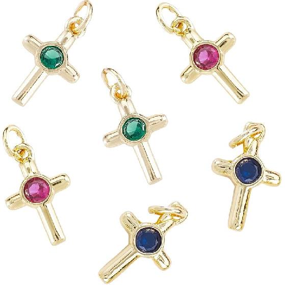 LiQunSweet 12 Pcs 6 Colors Golden Crystal Heart Charms Brass Micro Pave Cubic Zirconia CZ Stone Mini Charm Bulk for Necklace Earrings Jewelry Making