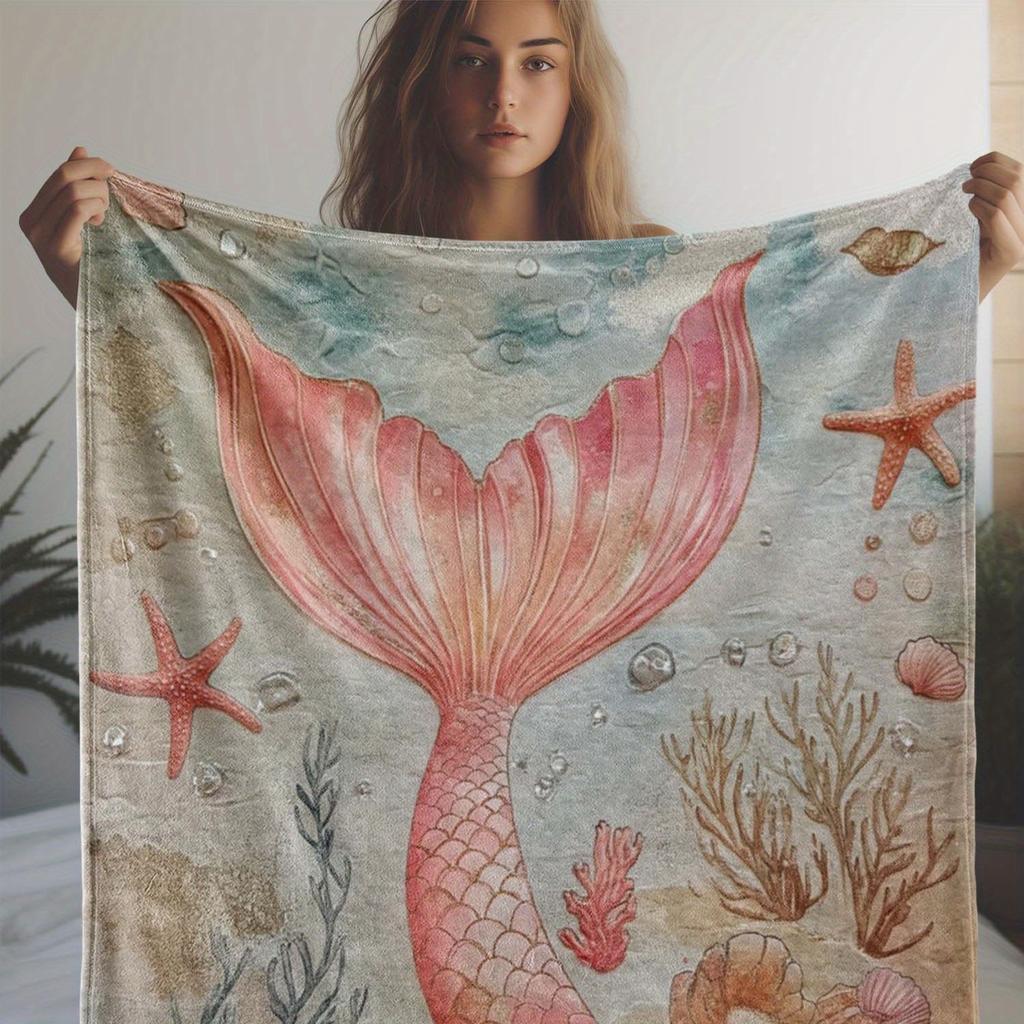 Vintage Mermaid Tail Throw Blanket with Starfish and Seaweed Print, Soft Flannel Knitted All-Season Cozy Blanket for Sofa, Bed,