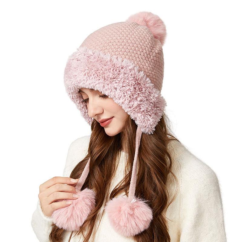 Cashmere Thick Knitted Hat Women's Warm Three-Ball Pullover Cap Outdoor Cold-Proof Ear Protection Plush Cap