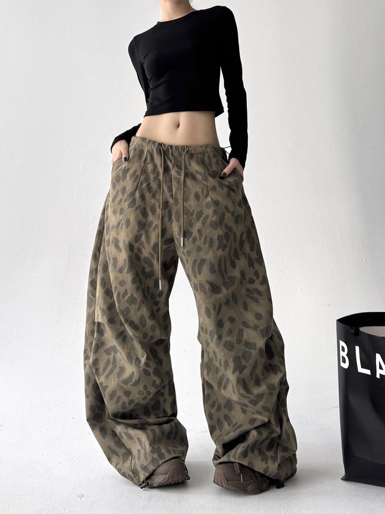 Vintage Leopard Print Casual Pants Women Spring/Autumn New Style Loose Fit Straight Leg Dance Wide Leg Pants
