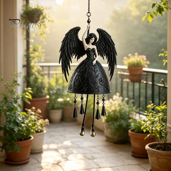 Gothic Wind Chime Dark Angel Chime, Winged Black Memorial Hanging Windbell for Outdoor Garden Porch Patio Decor Elegant Accessory