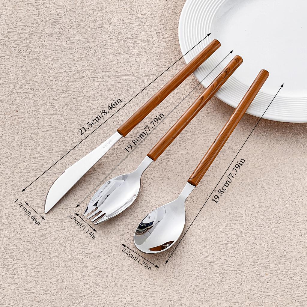 Wood Grain Cutlery Set 304 Stainless Steel Dinner Knife Fork Spoon Reusable Plastic Handle Dinnerware Set For Kitchen Restaurant