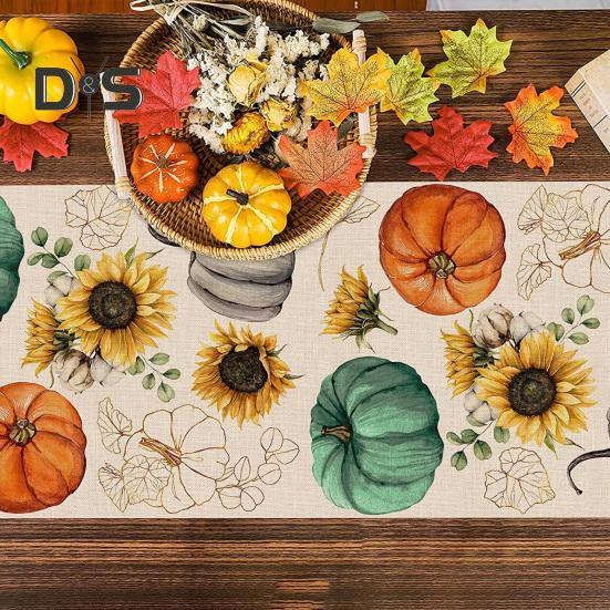 Thanksgiving Party Table Runner Pumpkin Sunflower Print Stain-Proof Reusable Table Protection Decoration Hotel Prom Banquet Table Runner