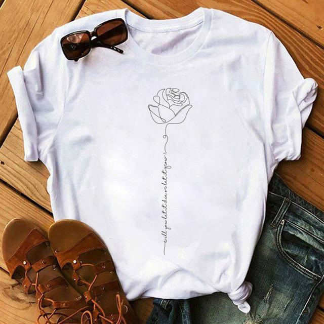 Fashion Women T Shirt Red Rose Flower Printed T-Shirt Harajuku Short Sleeve Tops Female Ladies Cute Graphic Tee Shirts T-Shirt