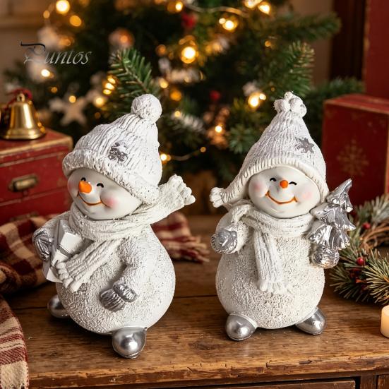 Snowman Collectibles for Christmas 2Pcs Figurine, Cute Tabletop Decor, Resin Snow Statue with Indoor Countertop Displays Knit Hat Scarf Home
