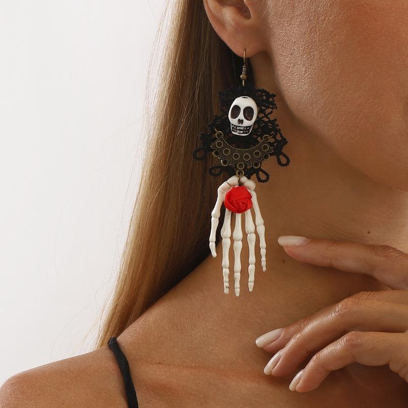 Halloween Fashion Trend Lace Skull Hand Earrings, Fun Holiday Party Earrings