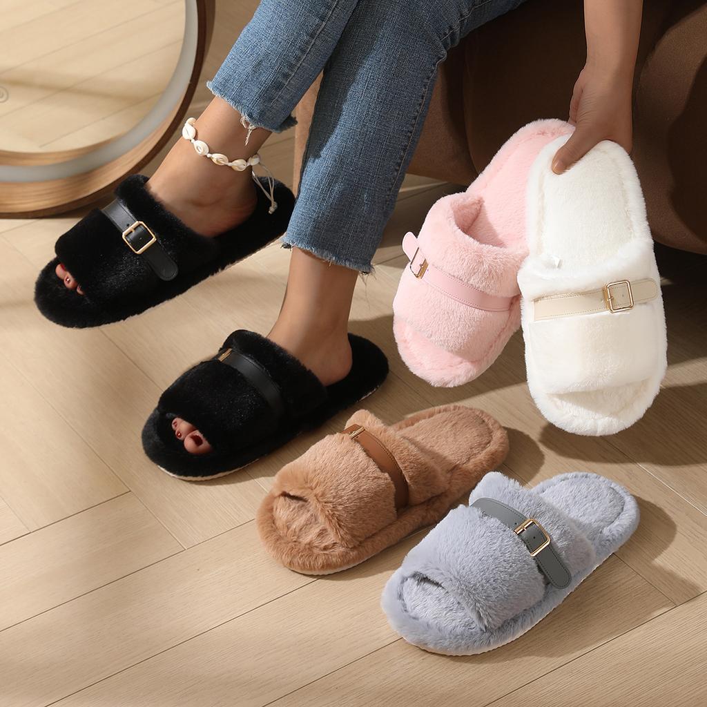 Cozy Furry Slippers for Women, Refined Golden Buckle for Strap Adjustment, Thick Warm Plush Slippers