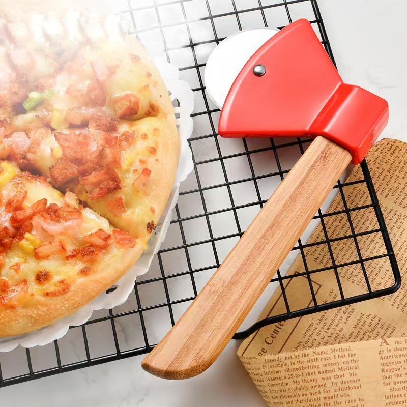 Axe-Shaped Stainless Steel Pizza Cutter with Bamboo Handle
