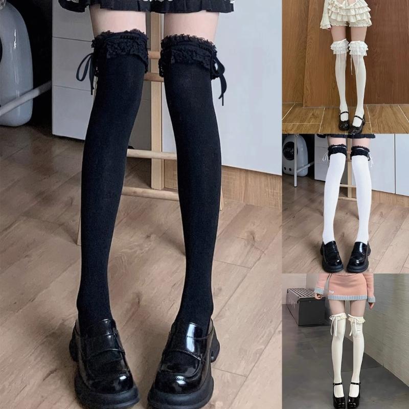 2pcs Ballet Knee High Socks with Bows Lace Top Ruffle Calf Socks Calf Tube Socks