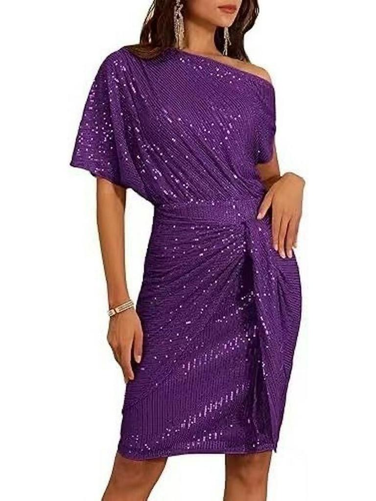 Shiny Sequin Trim One-Shoulder Beaded Mesh Formal Dress for Women