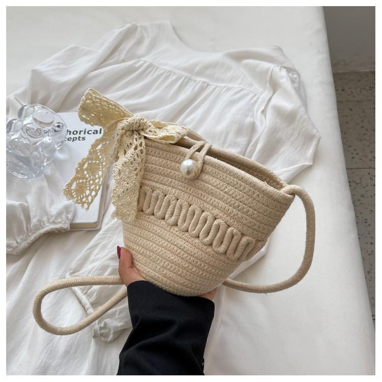 

Solid Decoration Bow Color Children Woven Shoulder Bag For Summer Use Daily Ivory