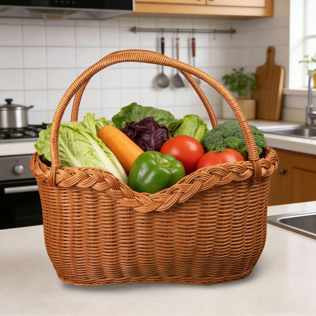 Handwoven Imitation Rattan Picnic Vegetable Shopping Harvest Basket Handle Rustic Style Portable Basket for Home Garden Decor