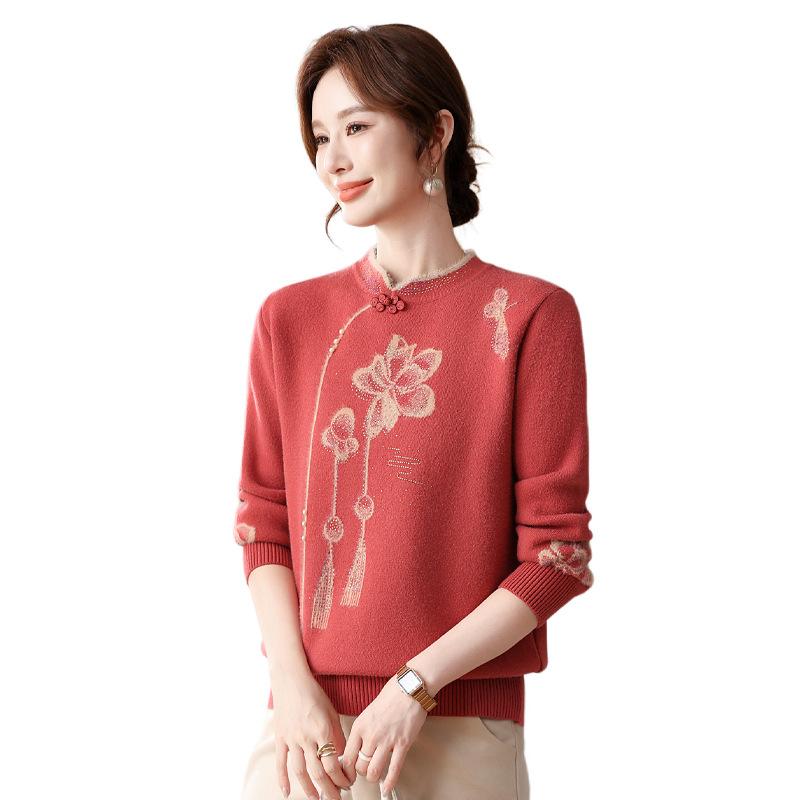 Mamas Pullover mit Frühlingsplüsch-Unterhemd, rotes Oberteil für mittelalte und ältere Damen.