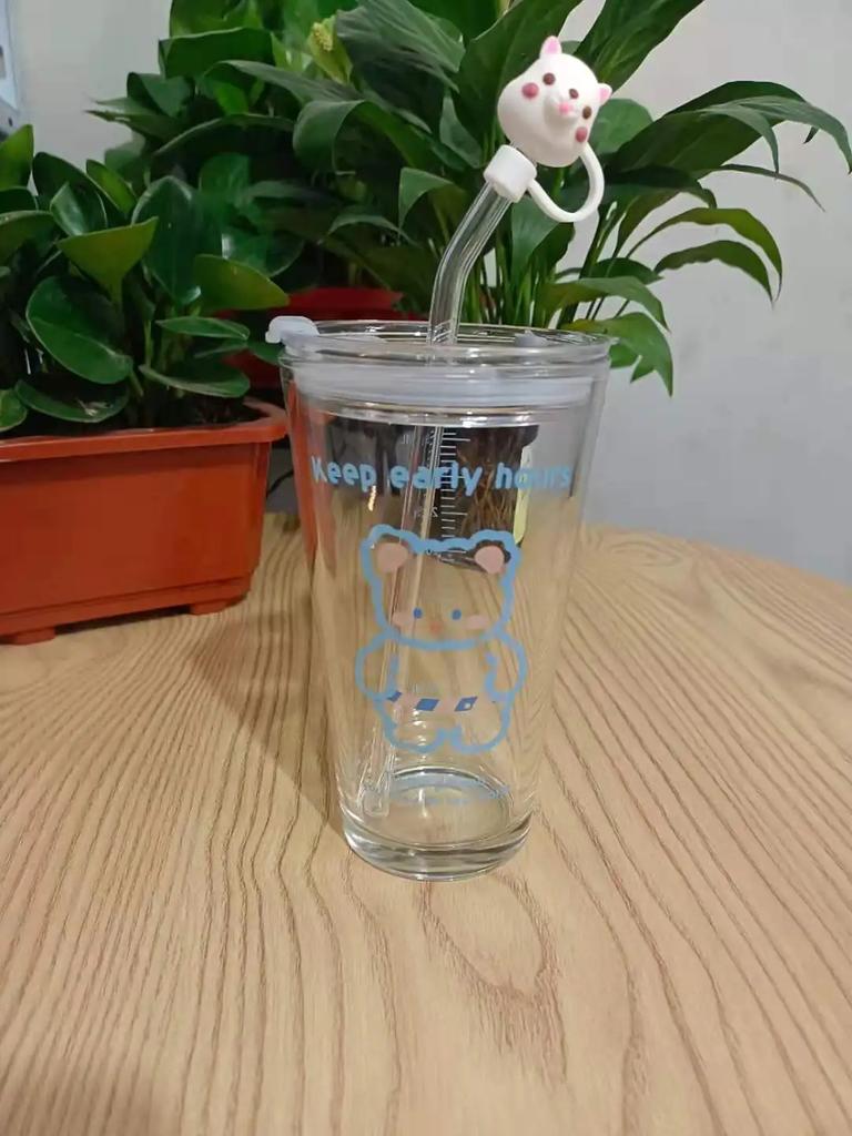 New 480ML Kawaii Glass Straw Cup with Cover Cartoon Water Cup Drinkware Juice Tea Coffee Milk Cup Glass Mugs Gift